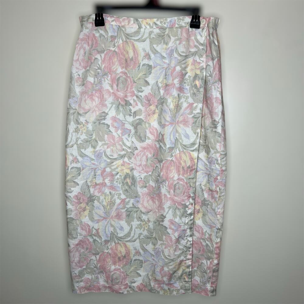 Vtg Jones New York Linen Wrap Skirt 12 Womens Floral Cottagecore Midi 90s Pink